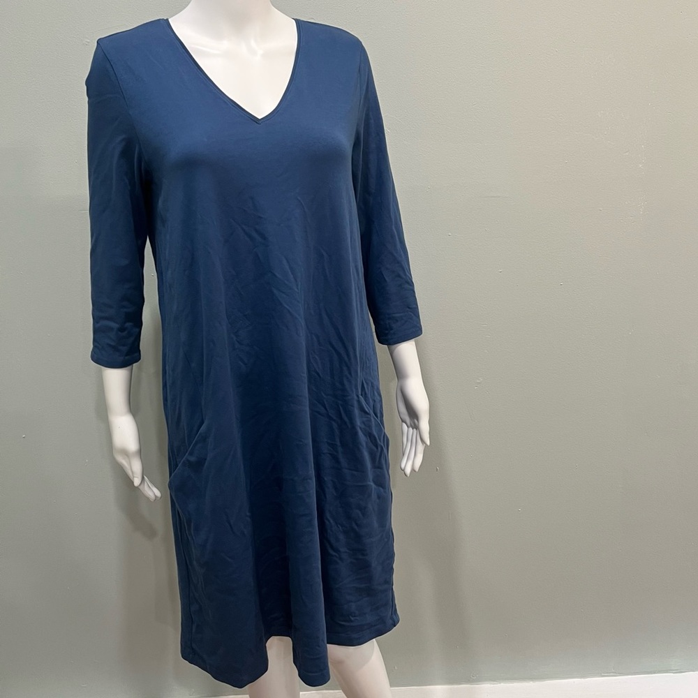 EILEEN FISHER Dress S Pockets Blue Cotton Stretch 3/4 Length Sleeves